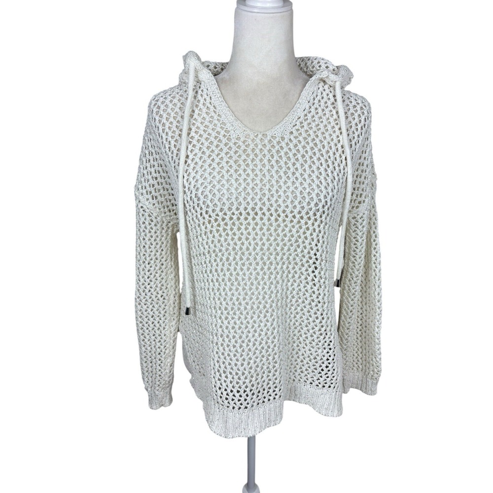 Joie Sweater Womens Size S Cream Crochet Hoodie Boho Metallic Coverup Beachwear‎ - Picture 2 of 10